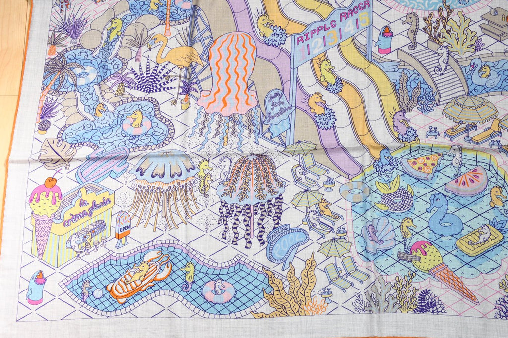Hermes Shawl Splash Park 140 cm Cashmere silk scarf stole blue gray 56" 051