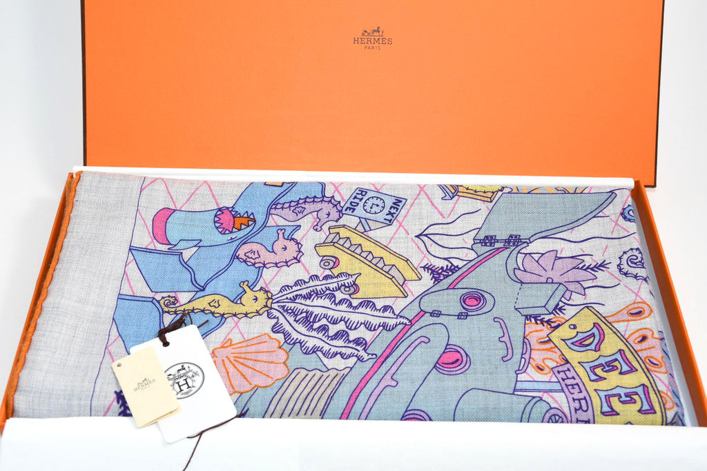 Hermes Shawl Splash Park 140 cm Cashmere silk scarf stole blue gray 56" 051