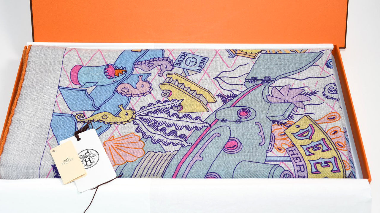 Hermes Shawl Splash Park 140 cm Cashmere silk scarf stole blue gray 56" 051