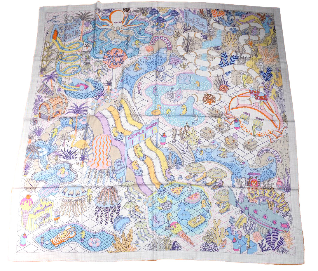 Hermes Shawl Splash Park 140 cm Cashmere silk scarf stole blue gray 56" 051