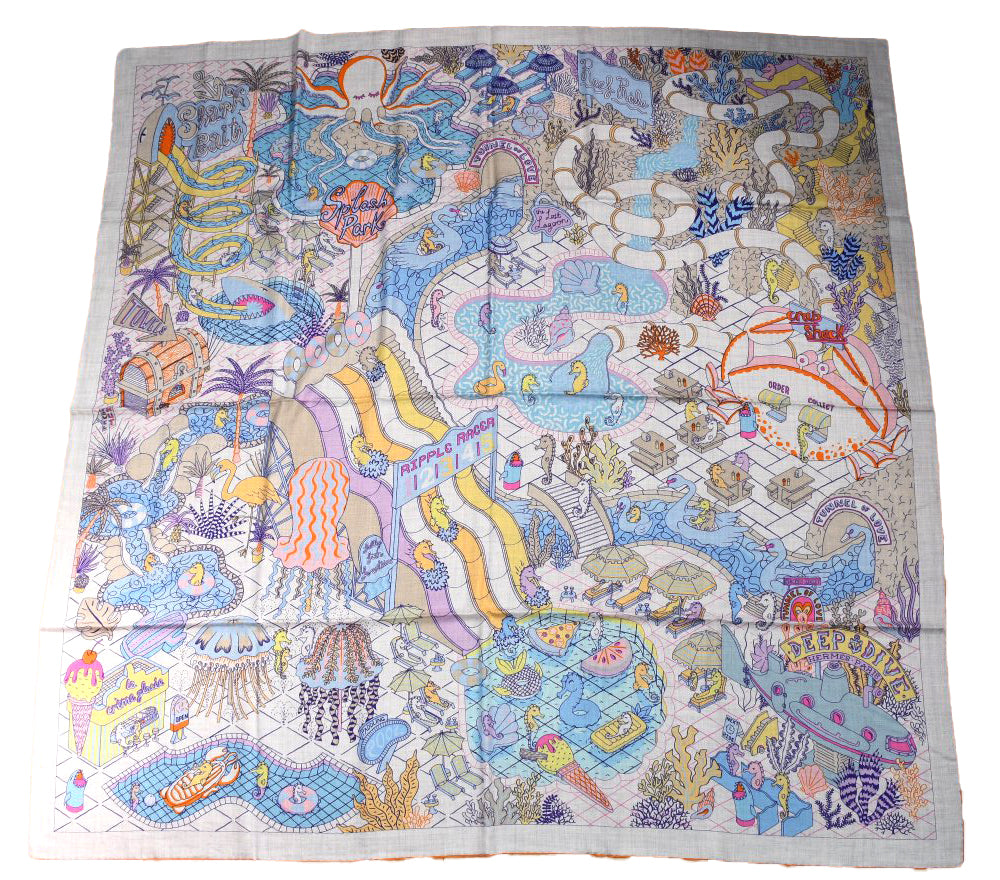 Hermes Shawl Splash Park 140 cm Cashmere silk scarf stole blue gray 56" 051