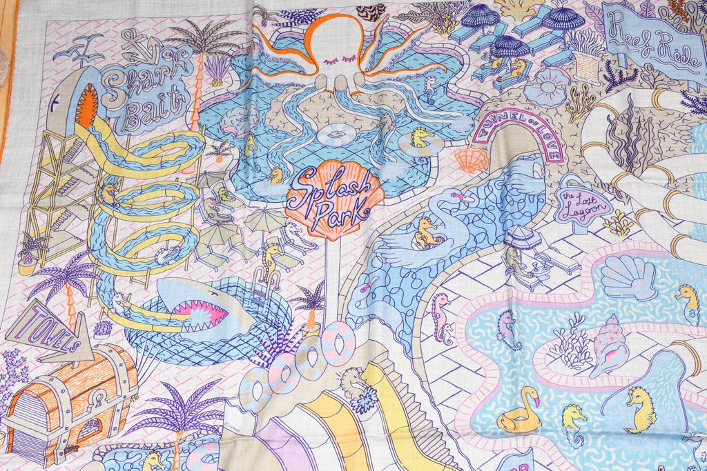 Hermes Shawl Splash Park 140 cm Cashmere silk scarf stole blue gray 56" 051