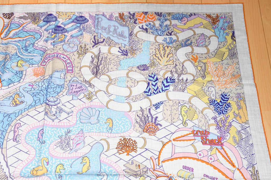 Hermes Shawl Splash Park 140 cm Cashmere silk scarf stole blue gray 56" 051