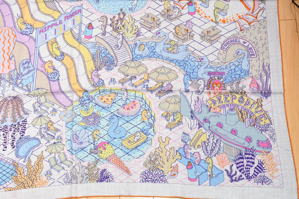 Hermes Shawl Splash Park 140 cm Cashmere silk scarf stole blue gray 56" 051
