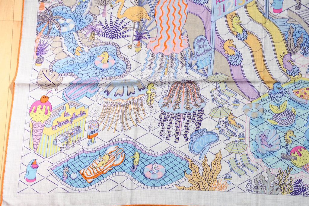 Hermes Shawl Splash Park 140 cm Cashmere silk scarf stole blue gray 56" 058