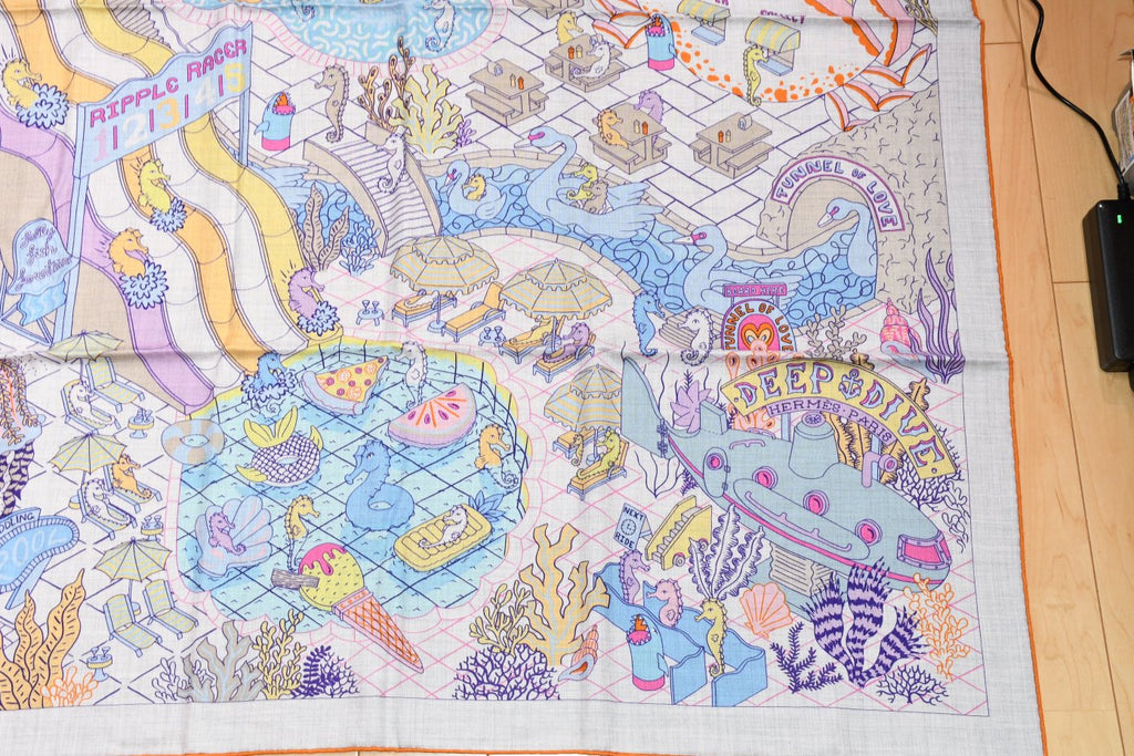 Hermes Shawl Splash Park 140 cm Cashmere silk scarf stole blue gray 56" 058