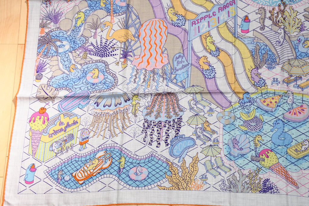 Hermes Shawl Splash Park 140 cm Cashmere silk scarf stole blue gray 56" 058
