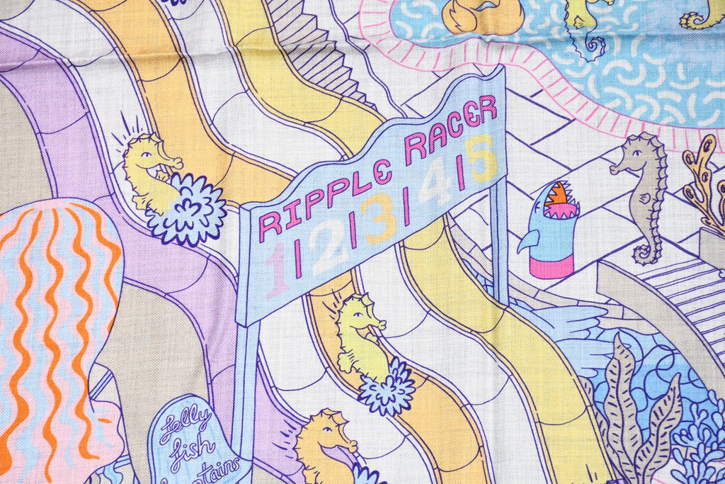 Hermes Shawl Splash Park 140 cm Cashmere silk scarf stole blue gray 56" 058