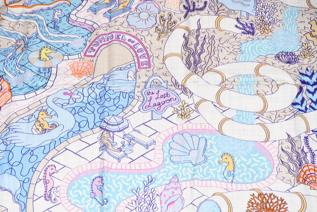 Hermes Shawl Splash Park 140 cm Cashmere silk scarf stole blue gray 56" 058
