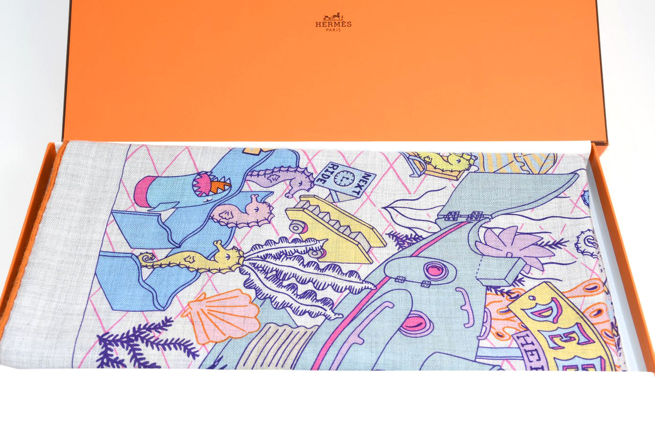 Hermes Shawl Splash Park 140 cm Cashmere silk scarf stole blue gray 56" 058