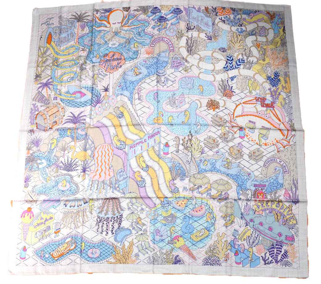 Hermes Shawl Splash Park 140 cm Cashmere silk scarf stole blue gray 56" 058