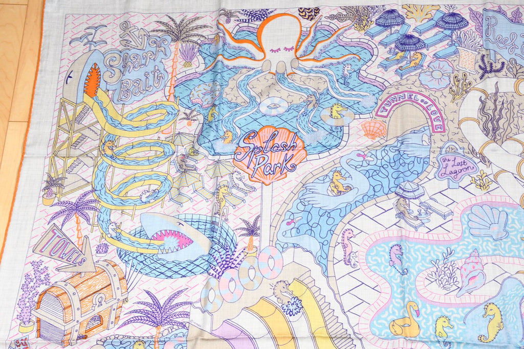 Hermes Shawl Splash Park 140 cm Cashmere silk scarf stole blue gray 56" 058