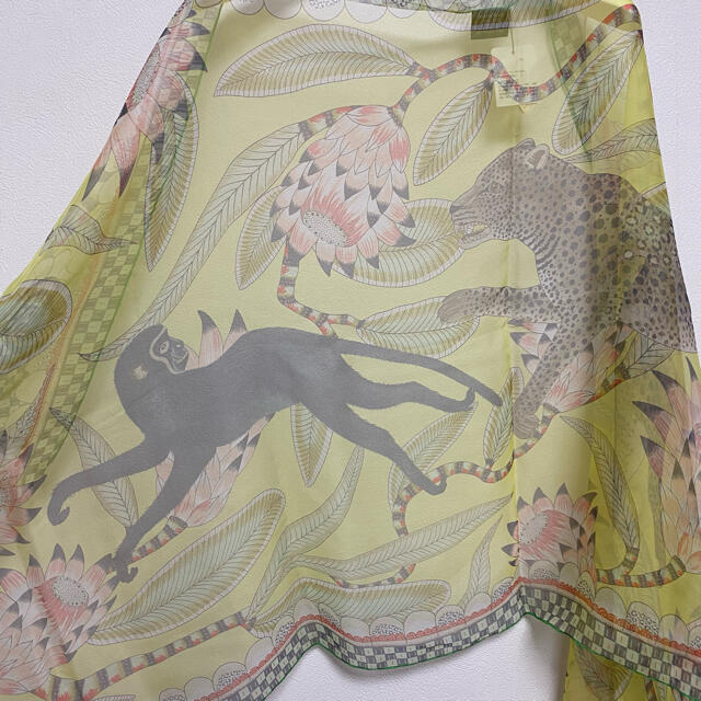 Hermes Shawl The Savana Dance 180 x 65 cm Chiffon silk mousseline yellow green stole