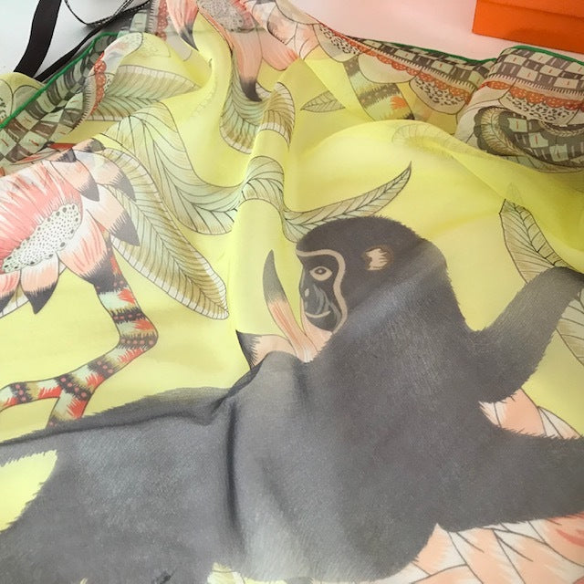Hermes Shawl The Savana Dance 180 x 65 cm Chiffon silk mousseline yellow green stole