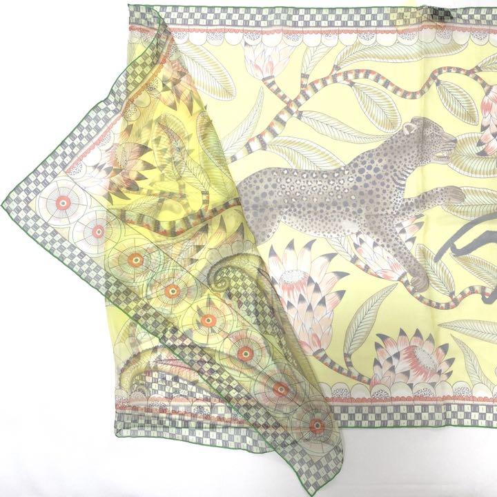 Hermes Shawl The Savana Dance 180 x 65 cm Chiffon silk mousseline yellow green stole