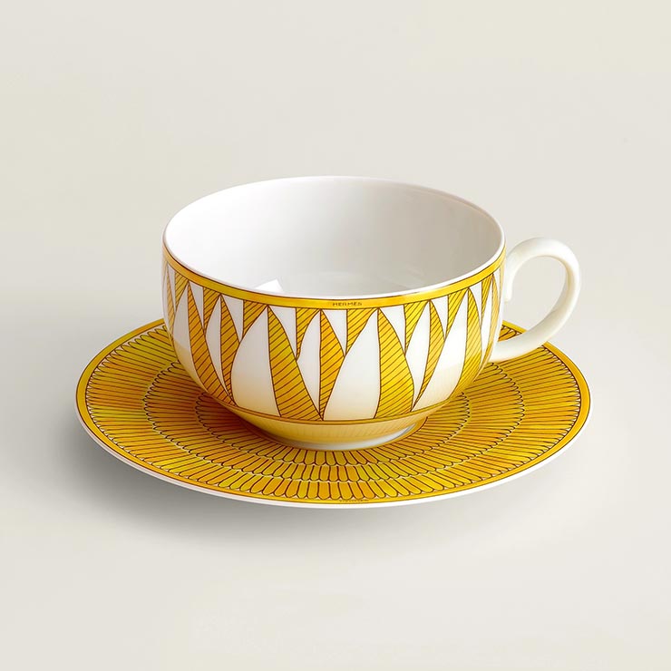 Hermes Soleil d'Hermes Mornig Cup and Saucer 2 set yellow porcelain tea coffee