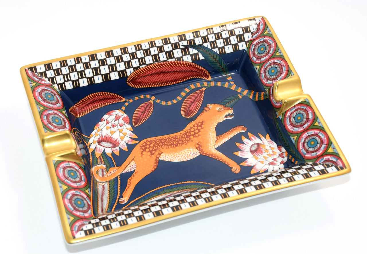 Hermes The Savana Dance Change tray navy porcelain Ashtray plate panther leopard