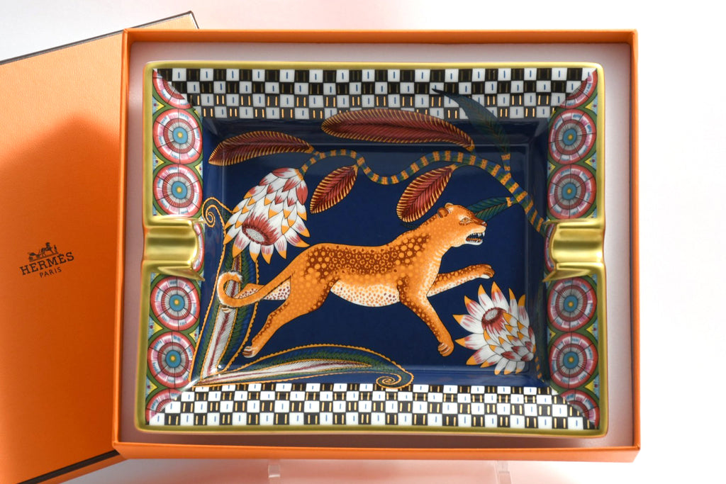 Hermes The Savana Dance Change tray navy porcelain Ashtray plate panther leopard