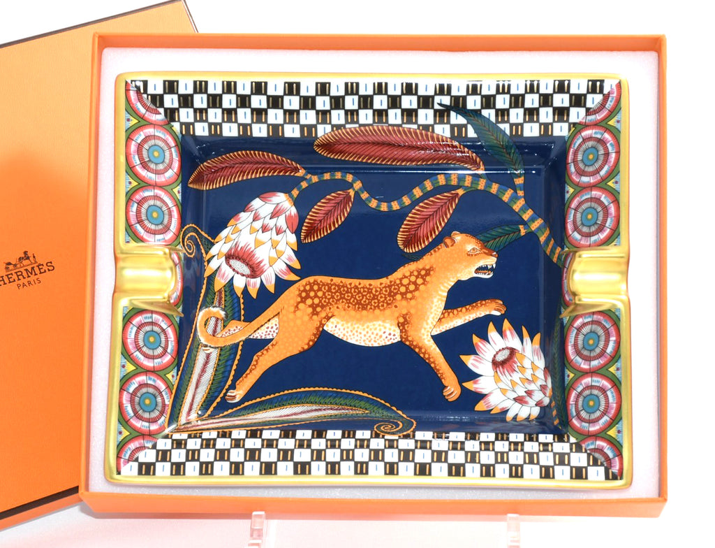 Hermes The Savana Dance Change tray navy porcelain Ashtray plate panther leopard