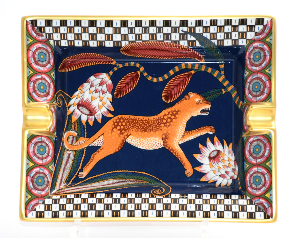 Hermes The Savana Dance Change tray navy porcelain Ashtray plate panther leopard