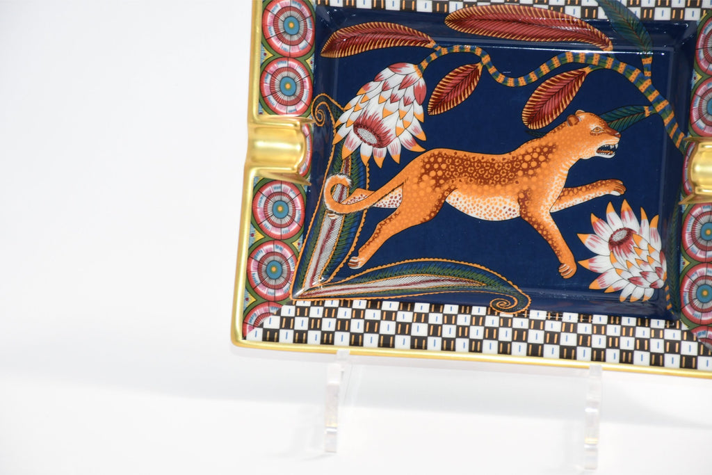 Hermes The Savana Dance Change tray navy porcelain Ashtray plate panther leopard