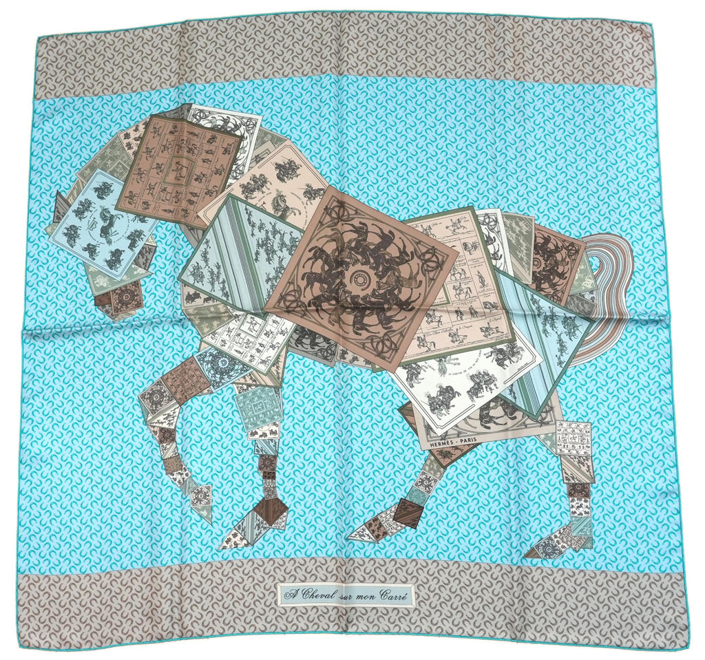 Hermes A Cheval sur mon Carre 90 cm silk Scarf light blue gray horse 35"