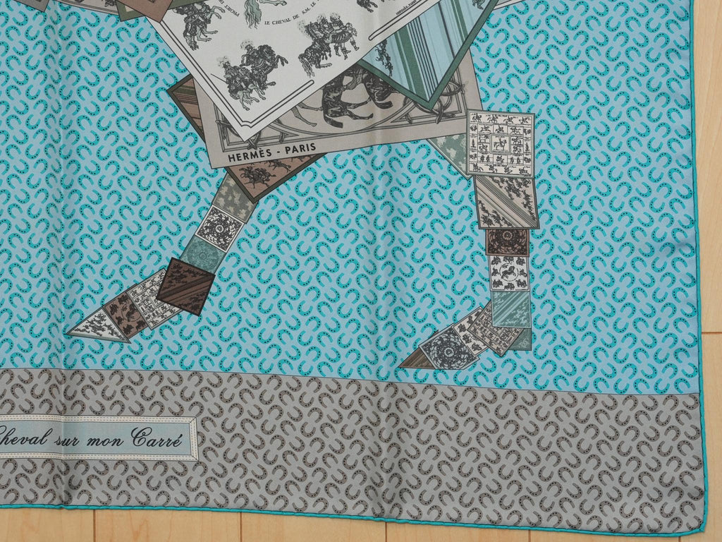 Hermes A Cheval sur mon Carre 90 cm silk Scarf light blue gray horse 35"