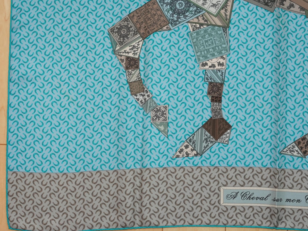 Hermes A Cheval sur mon Carre 90 cm silk Scarf light blue gray horse 35"