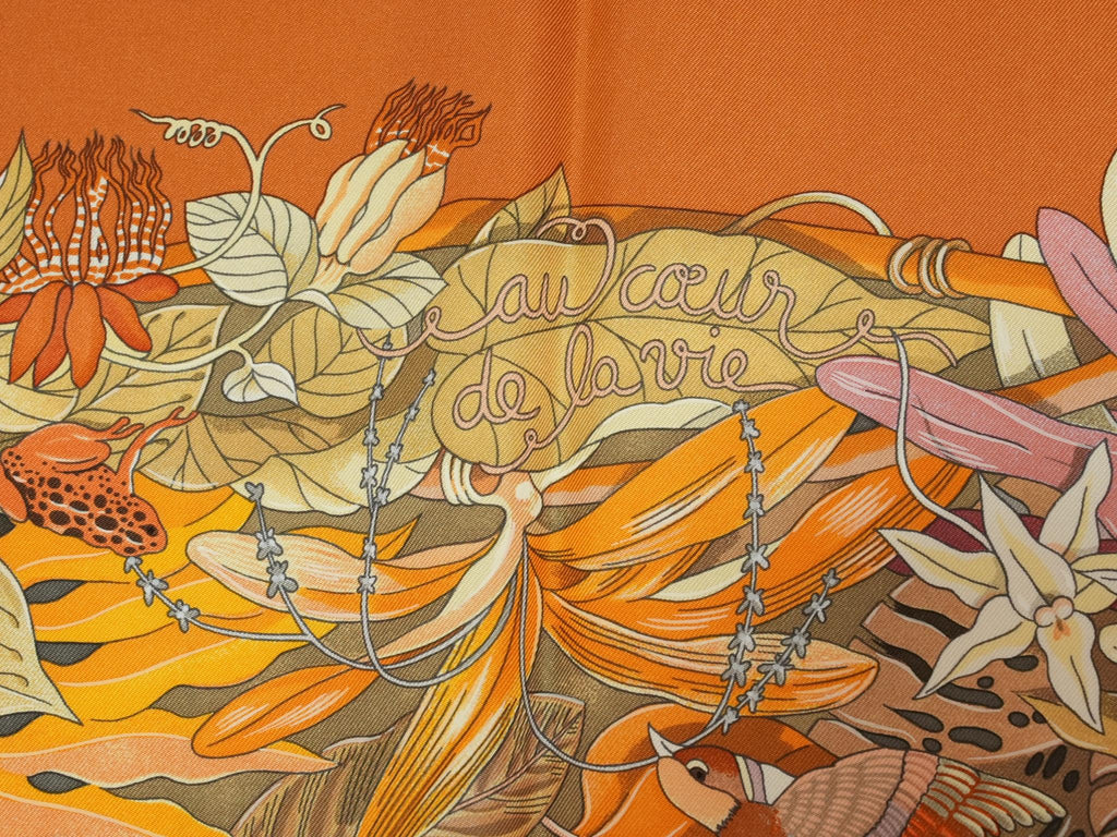 Hermes Au Coeur de la Vie 90 cm silk Scarf orange brown life forest Carre 35"