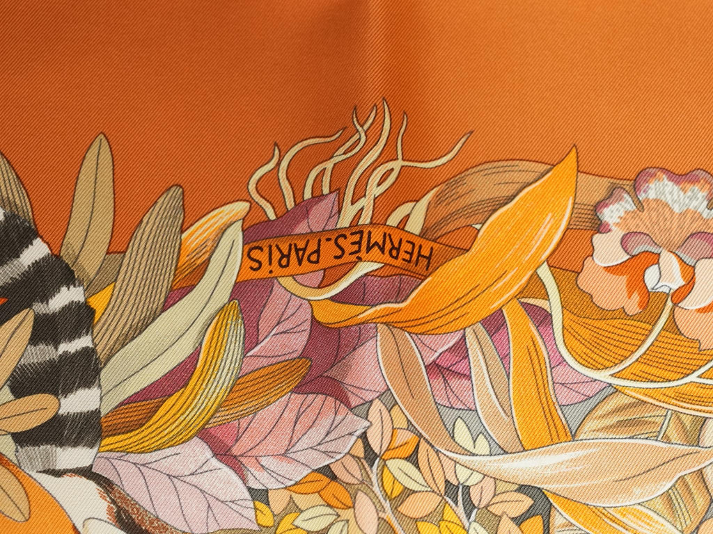 Hermes Au Coeur de la Vie 90 cm silk Scarf orange brown life forest Carre 35"