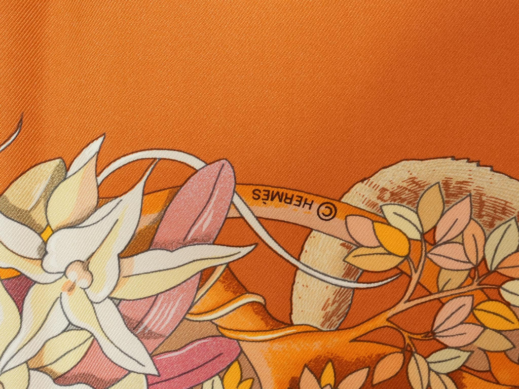 Hermes Au Coeur de la Vie 90 cm silk Scarf orange brown life forest Carre 35"