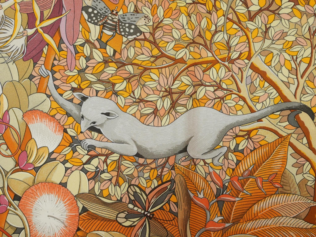 Hermes Au Coeur de la Vie 90 cm silk Scarf orange brown life forest Carre 35"