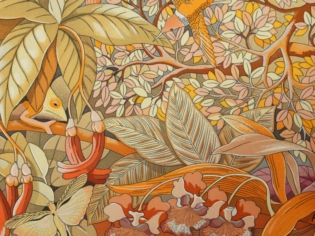 Hermes Au Coeur de la Vie 90 cm silk Scarf orange brown life forest Carre 35"
