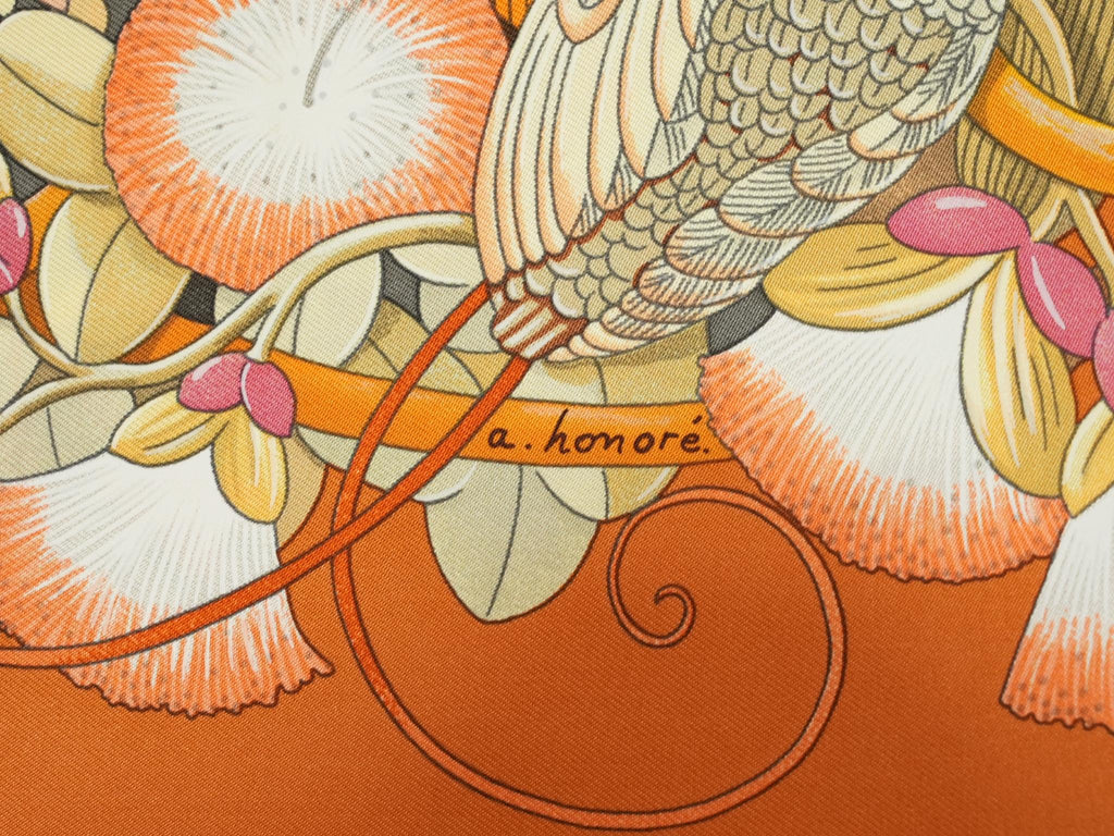 Hermes Au Coeur de la Vie 90 cm silk Scarf orange brown life forest Carre 35"