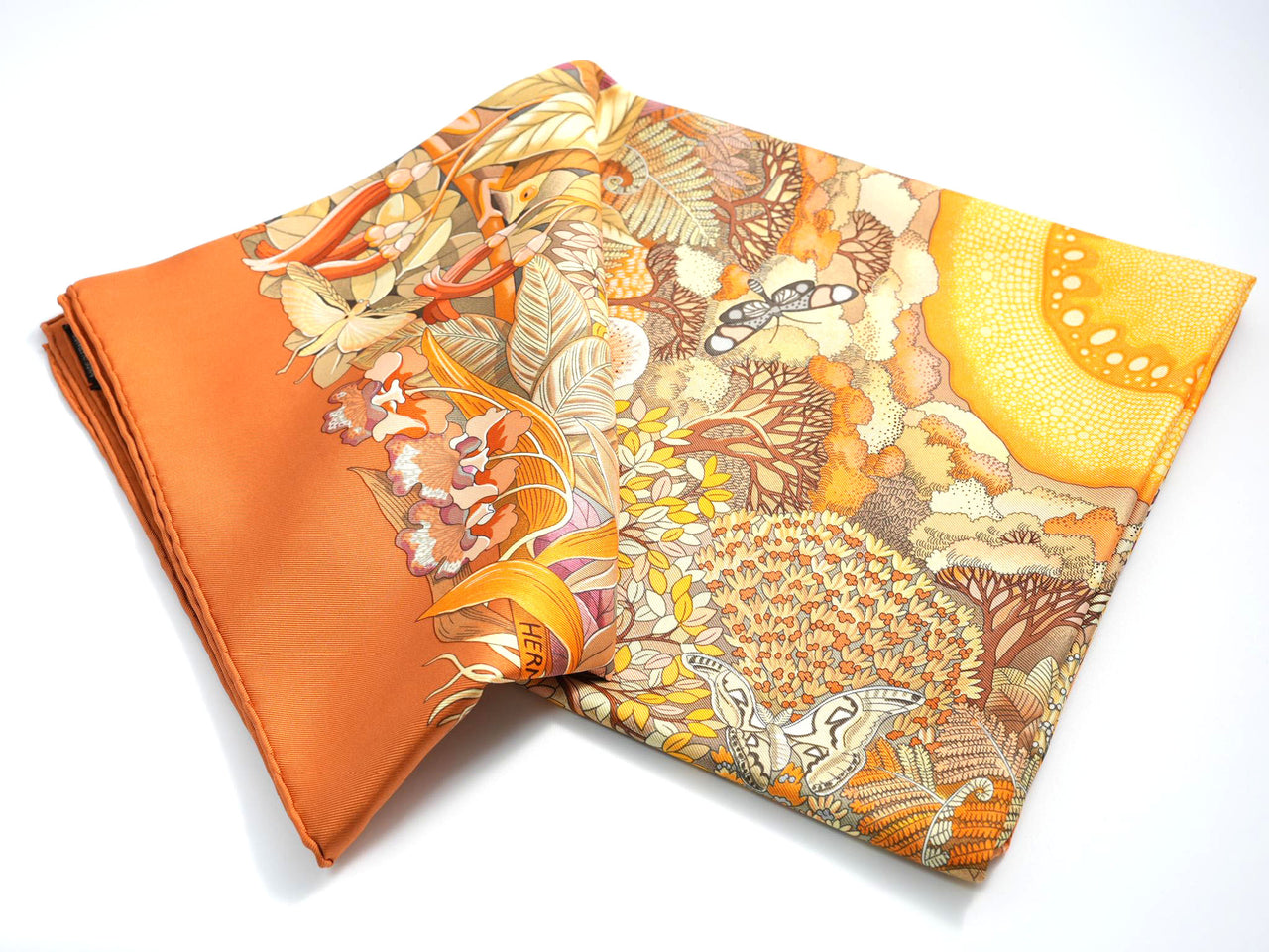 Hermes Au Coeur de la Vie 90 cm silk Scarf orange brown life forest Carre 35"