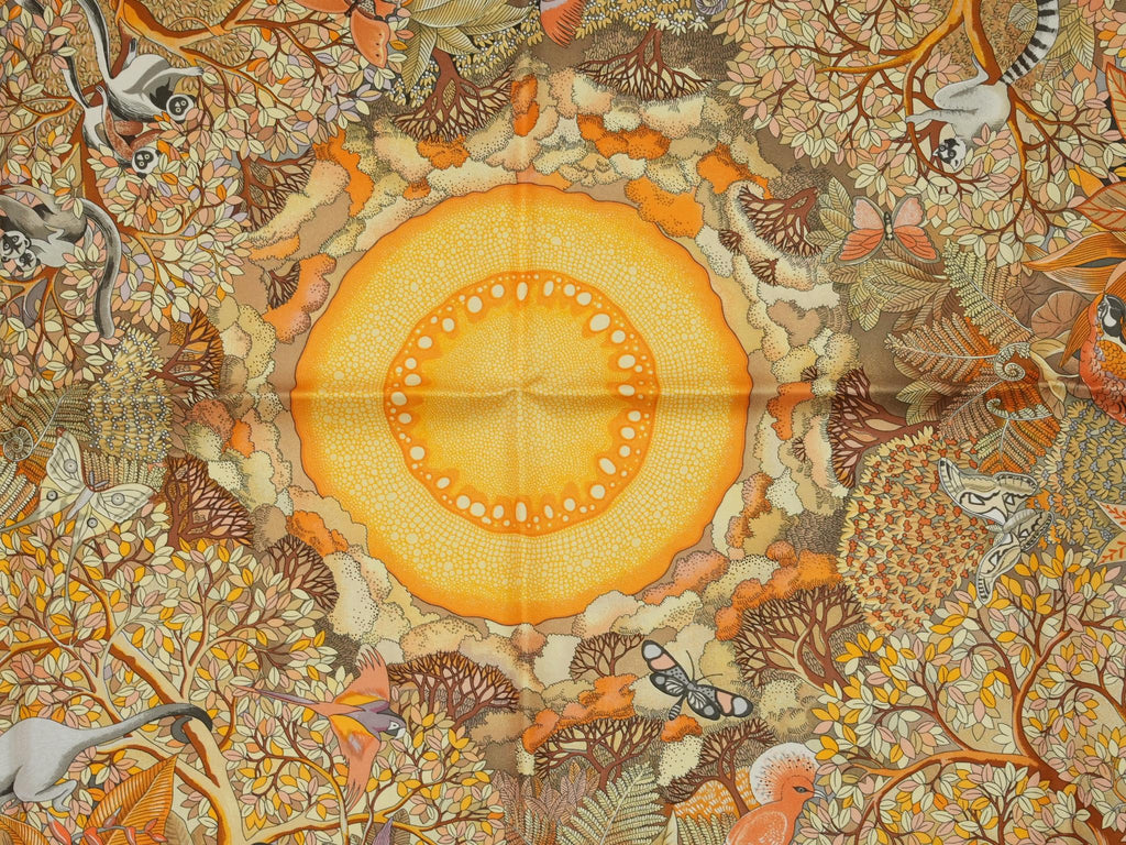 Hermes Au Coeur de la Vie 90 cm silk Scarf orange brown life forest Carre 35"
