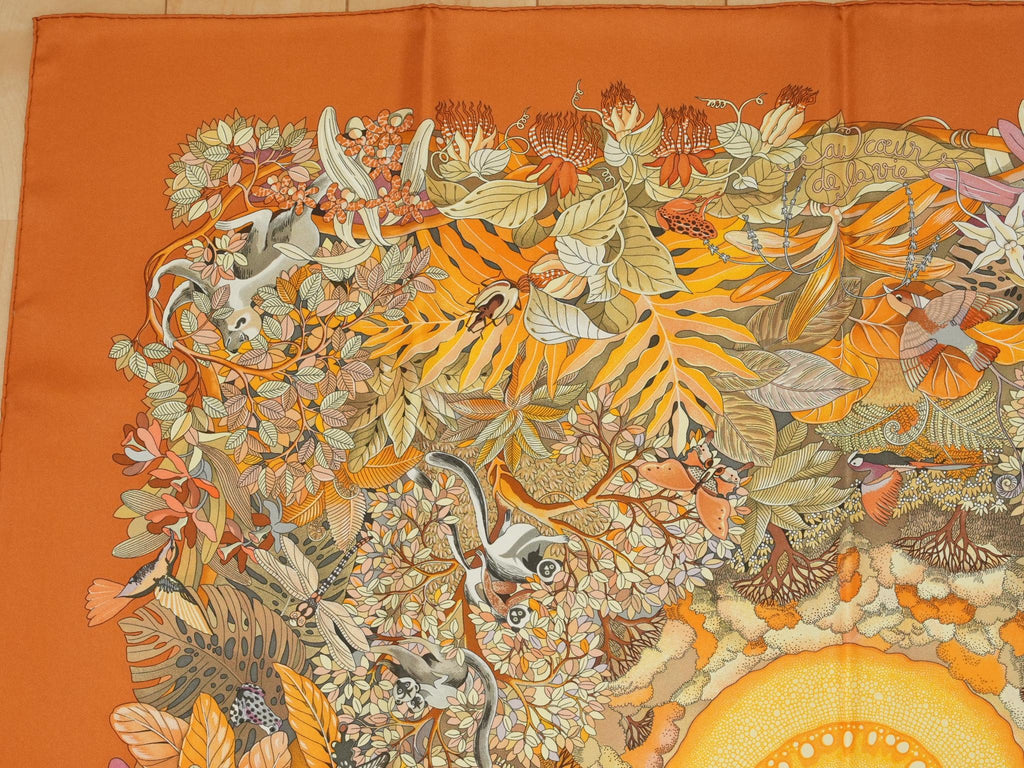 Hermes Au Coeur de la Vie 90 cm silk Scarf orange brown life forest Carre 35"