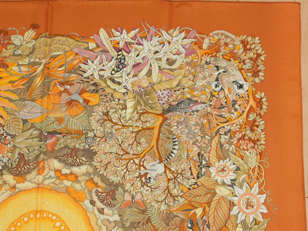Hermes Au Coeur de la Vie 90 cm silk Scarf orange brown life forest Carre 35"