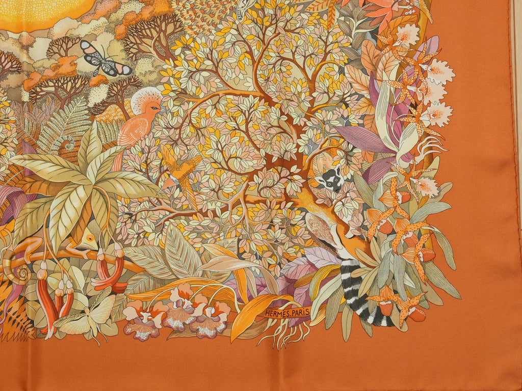 Hermes Au Coeur de la Vie 90 cm silk Scarf orange brown life forest Carre 35"