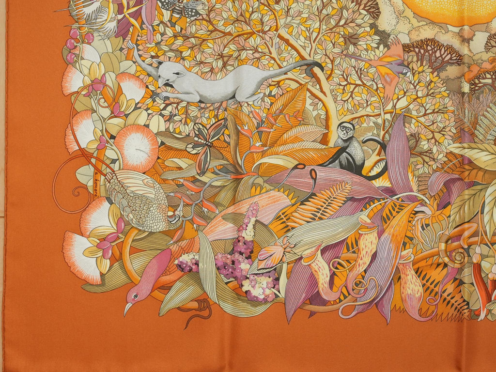 Hermes Au Coeur de la Vie 90 cm silk Scarf orange brown life forest Carre 35"
