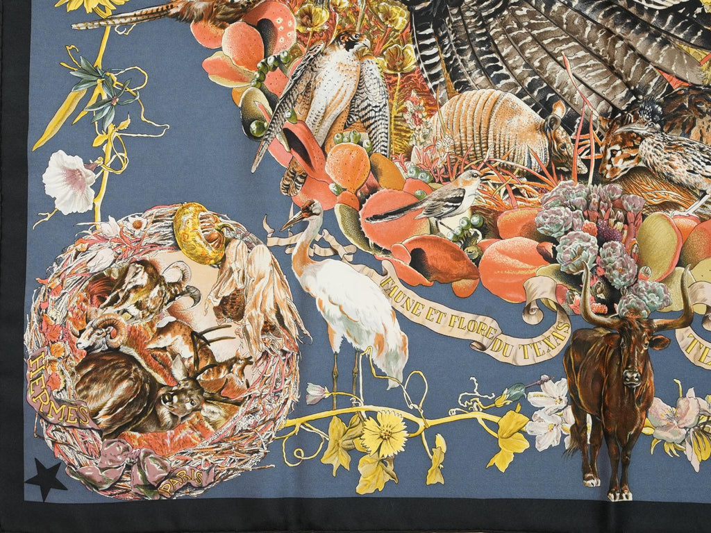 Hermes Faune Et Flore Du Texas Wildlife 90 cm Scarf by Kermit Oliver silk blue Carre animal 35" 086