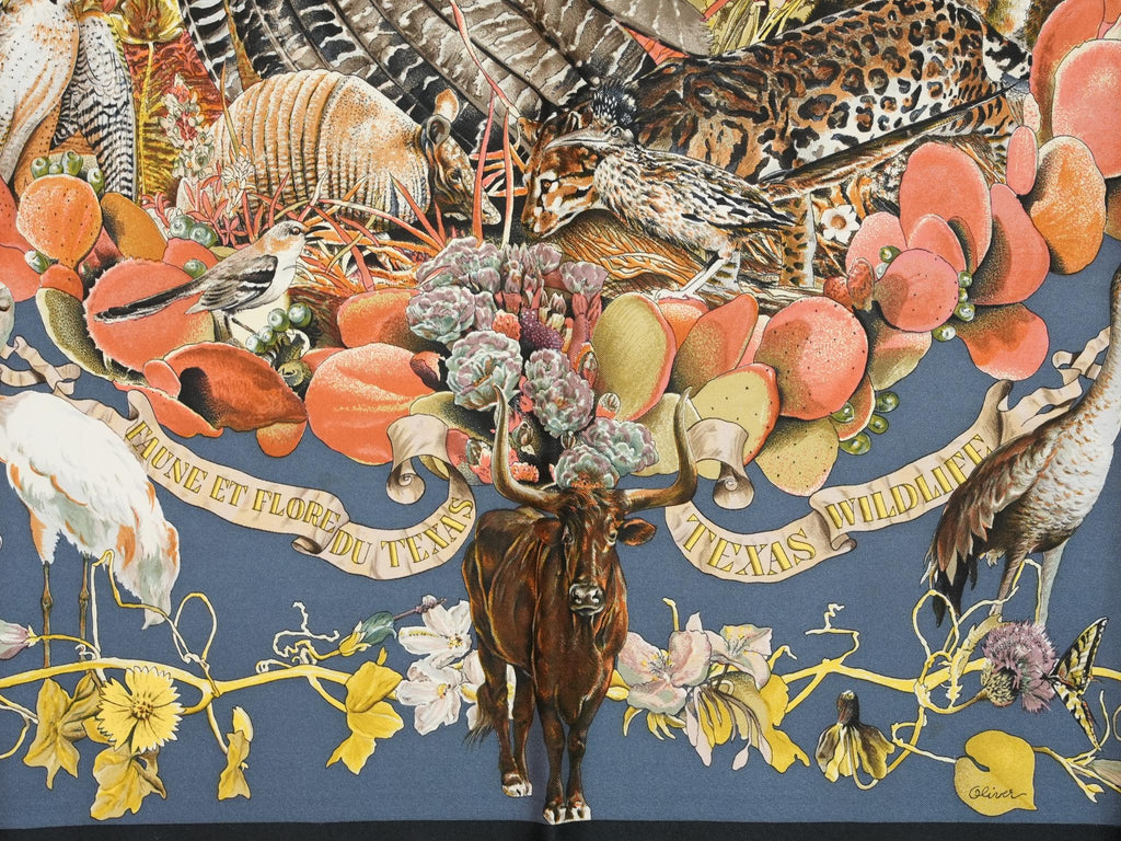 Hermes Faune Et Flore Du Texas Wildlife 90 cm Scarf by Kermit Oliver silk blue Carre animal 35" 086