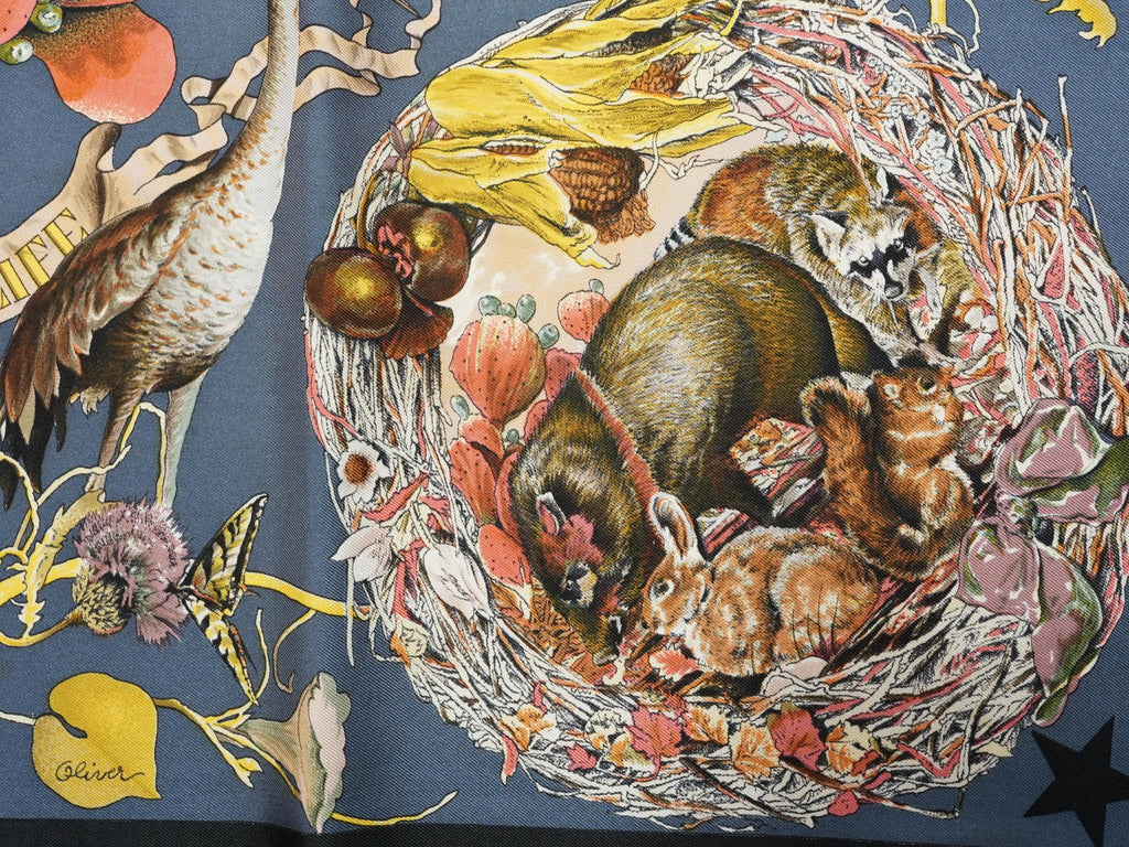 Hermes Faune Et Flore Du Texas Wildlife 90 cm Scarf by Kermit Oliver silk blue Carre animal 35" 086