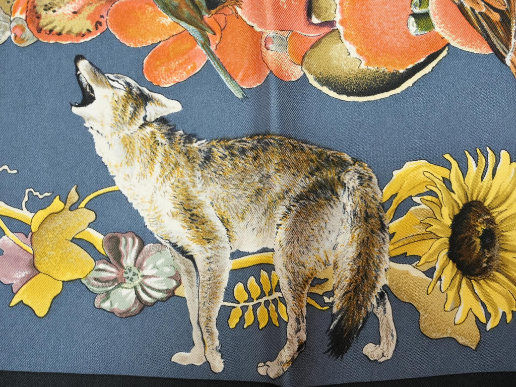 Hermes Faune Et Flore Du Texas Wildlife 90 cm Scarf by Kermit Oliver silk blue Carre animal 35" 086