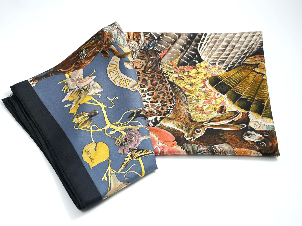Hermes Faune Et Flore Du Texas Wildlife 90 cm Scarf by Kermit Oliver silk blue Carre animal 35" 086