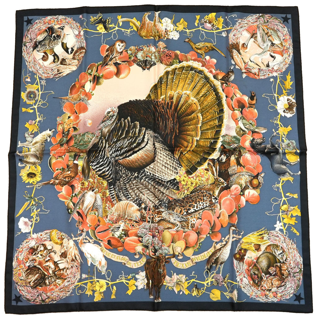Hermes Faune Et Flore Du Texas Wildlife 90 cm Scarf by Kermit Oliver silk blue Carre animal 35" 086