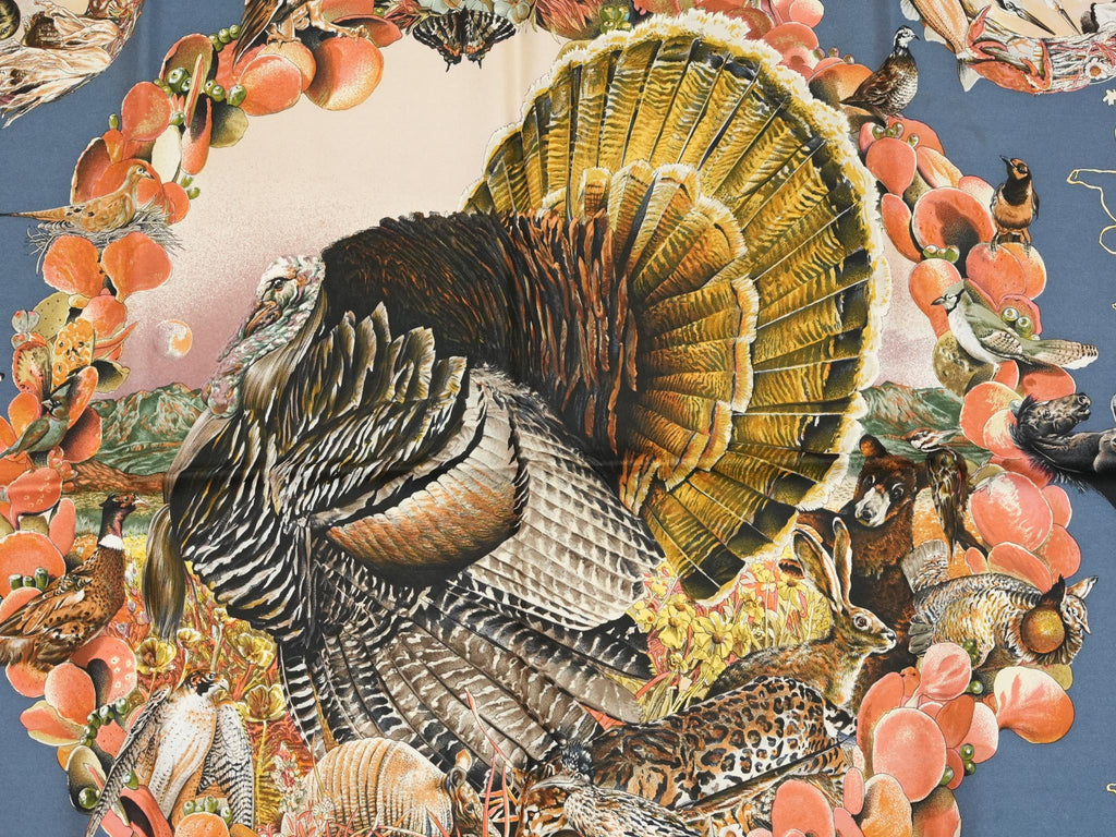 Hermes Faune Et Flore Du Texas Wildlife 90 cm Scarf by Kermit Oliver silk blue Carre animal 35" 086