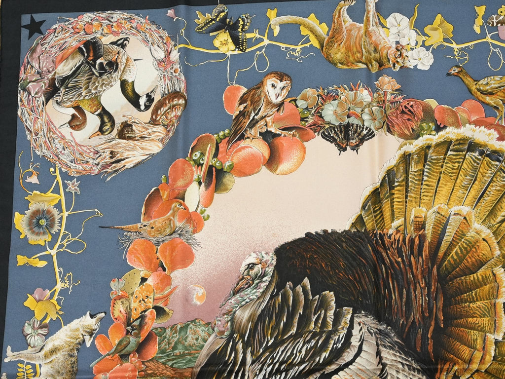 Hermes Faune Et Flore Du Texas Wildlife 90 cm Scarf by Kermit Oliver silk blue Carre animal 35" 086