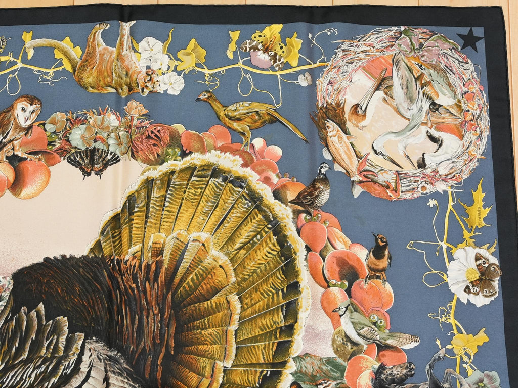 Hermes Faune Et Flore Du Texas Wildlife 90 cm Scarf by Kermit Oliver silk blue Carre animal 35" 086