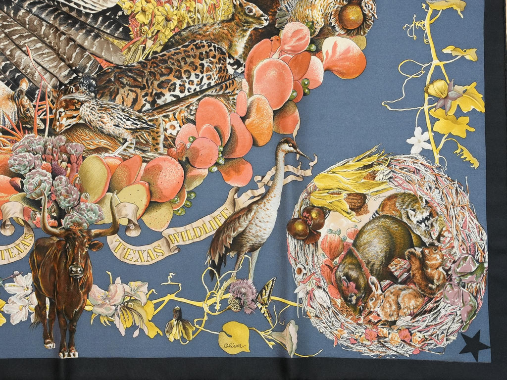 Hermes Faune Et Flore Du Texas Wildlife 90 cm Scarf by Kermit Oliver silk blue Carre animal 35" 086
